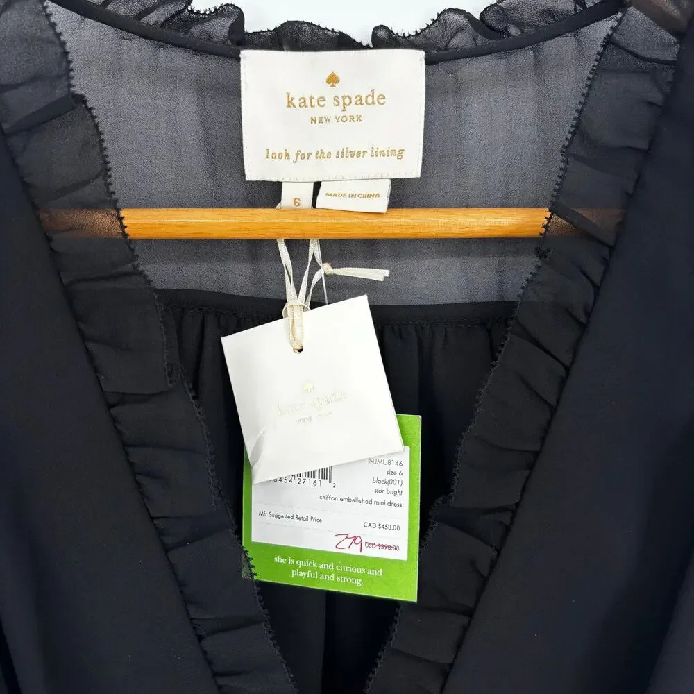 NWT Kate Spade Black Chiffon Embellished Mini Dress Size 6